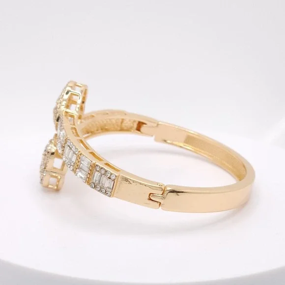 Gold Plated Double Heart Hinged Cuff Bracelet Women's CZ Bangle Romantic Jewelry - Picture 5 of 17